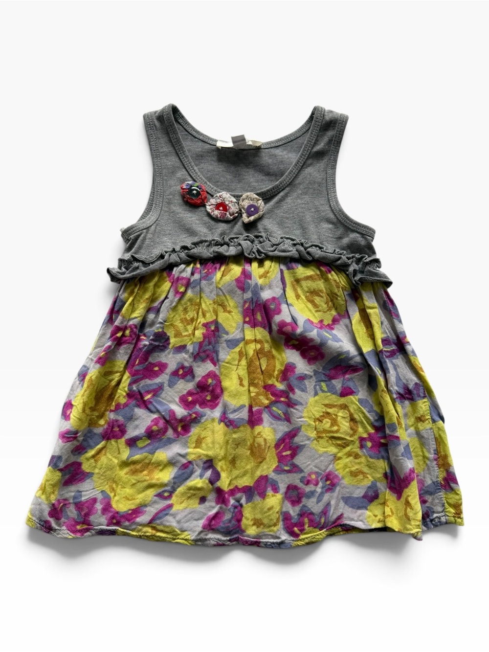 Girls Floral Tank Dress - Gray Top with Yellow & Purple Floral
